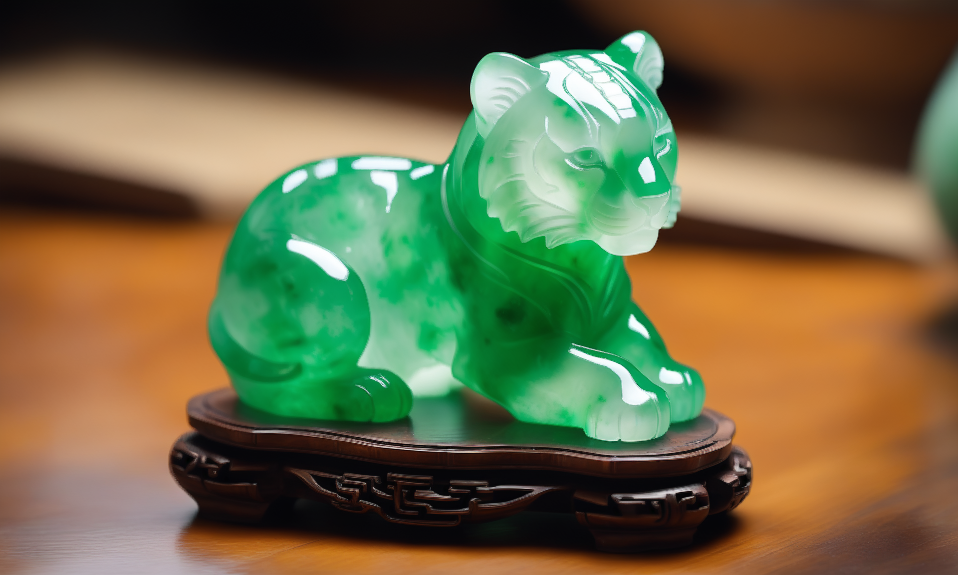 ethereal fantasy concept art of  <lora:jadeitecarvingcd_xl-000006:0.6>,a statue of a tiger made of (green jadeite, transparent) on floor,tilt-shift,miniature,jadeitecarvingcd_xl with green theme,no humans,long-focus,indoors,chinese zodiac,wooden table,cutie,cute,still life,animal statue,front view,facing viewer,looking at viewer . magnificent, celestial, ethereal, painterly, epic, majestic, magical, fantasy art, cover art, dreamy