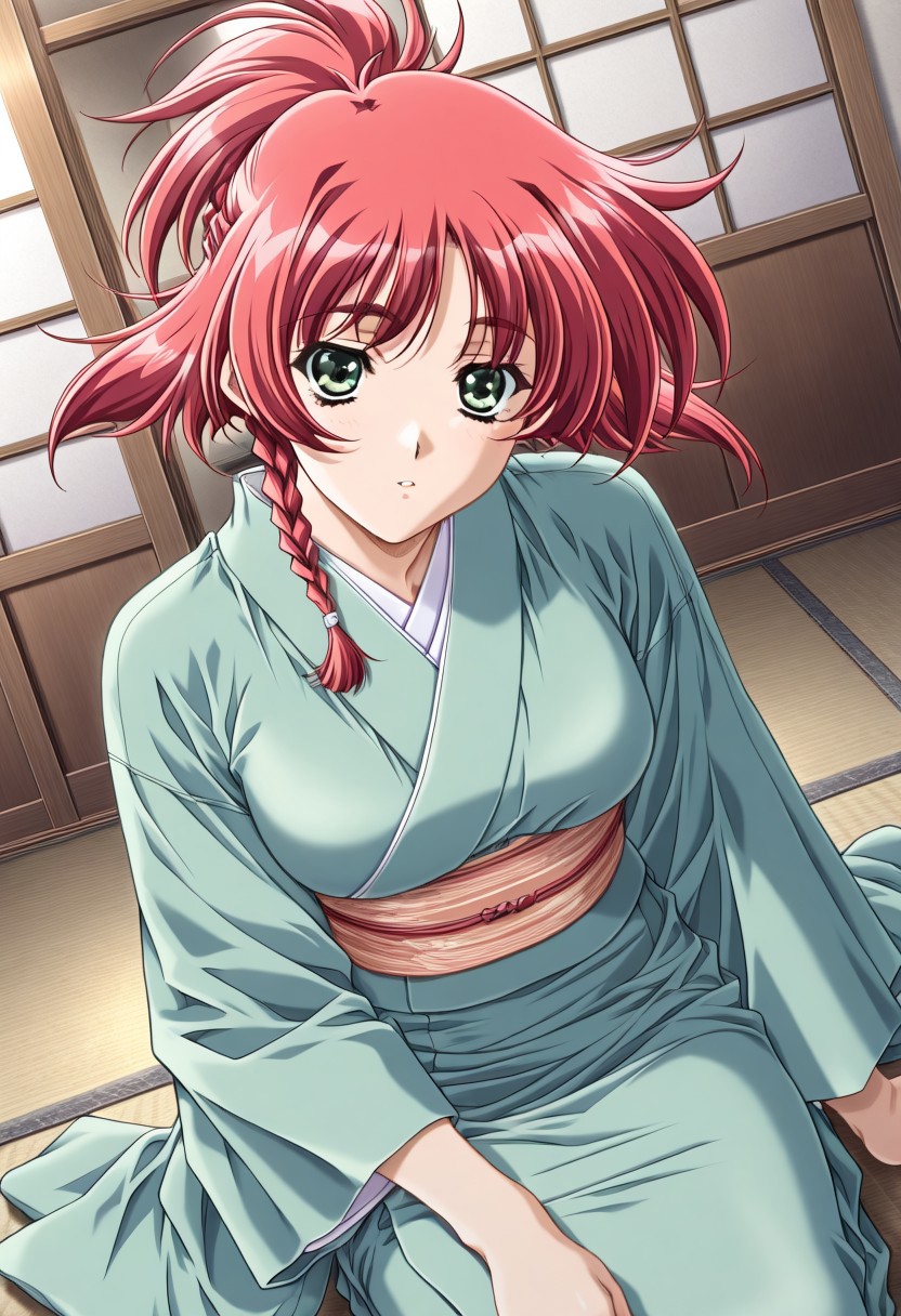 masterpiece, best quality, newest, highres, uncensored, 1girl, yokota mamoru style,motion lines,1girl,Ogata Shizuka Again Version,Red Hair, Ponytail, Waist Length Hair,Green eyes，hair bun, single hair bun, braid, french braid,japanese clothes, kimono, sash, obi, green kimono,indoors, sitting, seiza,looking at viewer, cowboy shot, solo, dutch angle,