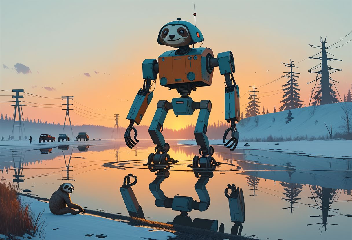 Cinematic, shot.
Dynamic view of an ancient goofy 12m tall disturbing (smiling) Sloth-shaped robot (and a man in front of it) in Simon Stalenhag's style from a futuristic era, at dusk hour with very long and realistic projected shadows, detailed frame, painting looks to be life like, on the ground, magical multicolored ink, high quality, imagination, fantasy art, vivid magical colors.
The shot takes place near an highway.
The robot is trying to cross an iced lake walking on four legs.
Many details everywhere. Ray-Tracing. Anti-Aliasing. Realistic reflections. Realistic soft shadows.
Slightly desaturated colors. 
Insane quality. Insane resolution. Insane details. Masterpiece.
16k resolution
By Simon Stalenhag.