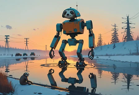 Cinematic, shot.
Dynamic view of an ancient goofy 12m tall disturbing (smiling) Sloth-shaped robot (and a man in front of it) in Simon Stalenhag's style from a futuristic era, at dusk hour with very long and realistic projected shadows, detailed frame, painting looks to be life like, on the ground, magical multicolored ink, high quality, imagination, fantasy art, vivid magical colors.
The shot takes place near an highway.
The robot is trying to cross an iced lake walking on four legs.
Many details everywhere. Ray-Tracing. Anti-Aliasing. Realistic reflections. Realistic soft shadows.
Slightly desaturated colors.
Insane quality. Insane resolution. Insane details. Masterpiece.
16k resolution
By Simon Stalenhag.