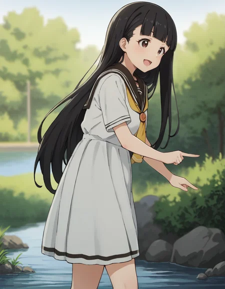 score_9, score_8_up, score_7_up, source_anime, BREAK
1girl, solo, looking at side, blurry background, outdoors, river, sun, rocks,  from side,
kaju nukumizu, long hair, black hair, blunt bangs, brown eyes,
school uniform, serafuku, short sleeves, white shirt, yellow neckerchief, white dress, happy, walking, pointing,
<lora:kaju_nukumizu_anime_v2-soralz:0.9>