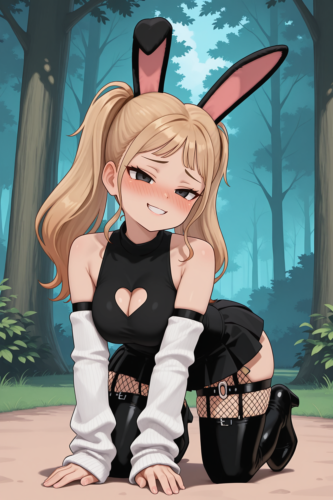 masterpiece,best quality,amazing quality, BREAK, tuconejitakiller666OCILXL, black eyes, blonde hair, twintails, long hair, pixie cut, sidelocks, black rabbit ears, wide hips, large breasts, heart cutout, clothes cutout, black dress, detached sleeves, white sleeves, black skirt, miniskirt, pleated skirt, black fishnet, garter belts, thigh strap, black thigh boots, high heels, solo, full body, all fours, seductive smile, looking at viewer, naughty face, nose blush, forest, tree  <lora:tuconejitakiller666OCILXL:1>
