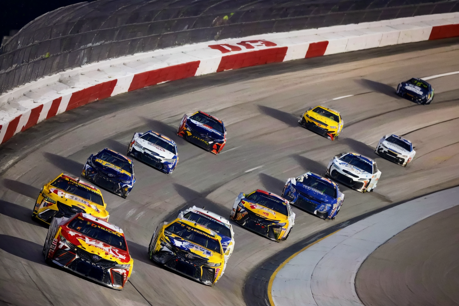 (masterpiece, best quality:1.2), ultra-detailed, group of cars racing on track  EdobNascarRace, (realistic:1.5), <lora:EdobNascarRace_v1.0:1>