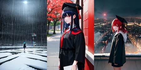 highly insanely detailed, masterpiece, top quality, best quality, highres, 4k, 8k, RAW photo, (very aesthetic, beautiful and aesthetic),
__lazy-wildcards/subject/costume/graduation_robe/prompts__,
<lora:gradgown:0.6>,
(1girl:1.3), solo focus,
(__lazy-wildcards/char/haircolor__),
__lazy-wildcards/dataset/background__,
__lazy-wildcards/subject/moment/random/prompts__âââ