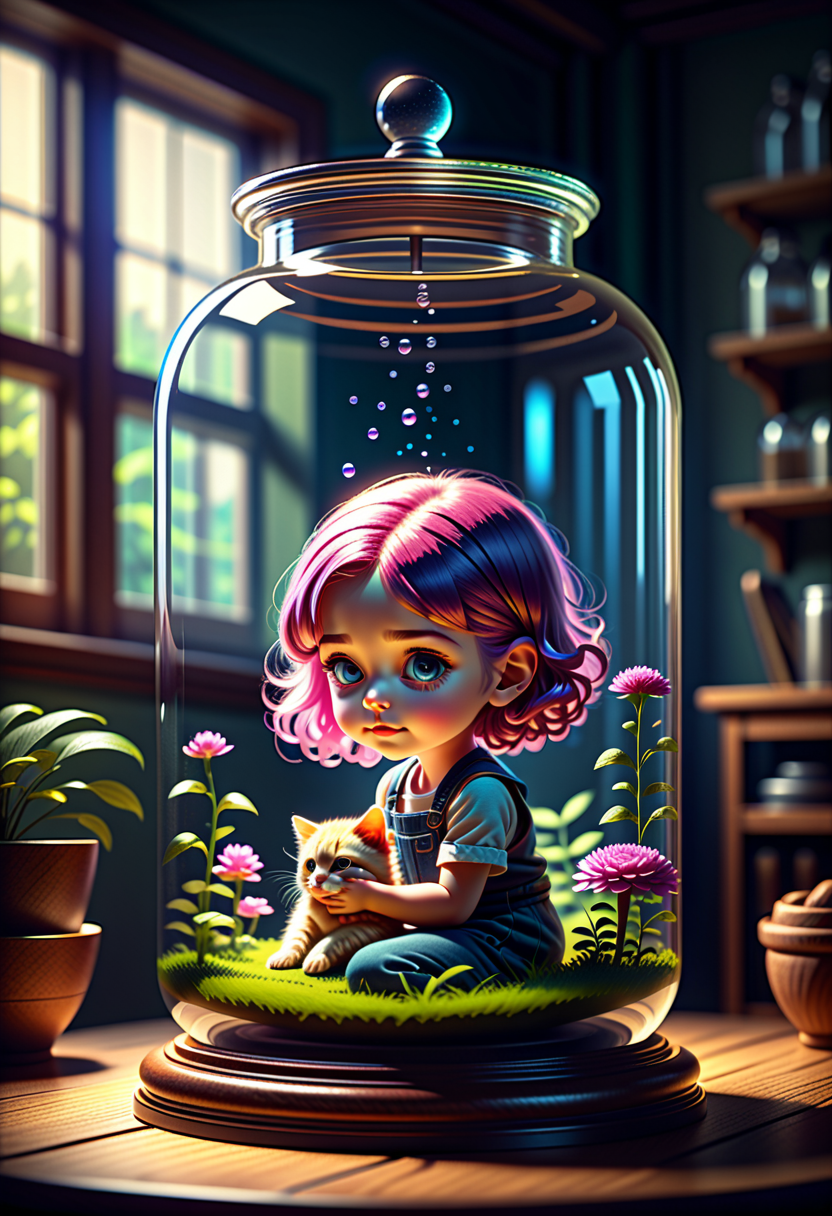 breathtaking optical illusion of a human brain inside of a glass jar, glass jar sitting on a kitchen counter, label on jar, label text Brian, no windows, volumetric lighting, volumetric, ray tracing, sense of awe, swirling mist, sense of awe, mystical, style of Jay Anacleto, bokeh,

trending on ArtStation, Intricate, Vibrant colors, Soft Shading, Simplistic Features,

awe-inspiring and meticulously detailed anime style artwork, captivating child, 1girl, holding a kitten, vibrant neon hair, enchanting and mysterious, drawing the viewer in, 3d style, fantasy flower garden background,

4K, intricate, soft shadows, soft highlights, stunning masterpiece, award-winning, professional, highly detailed