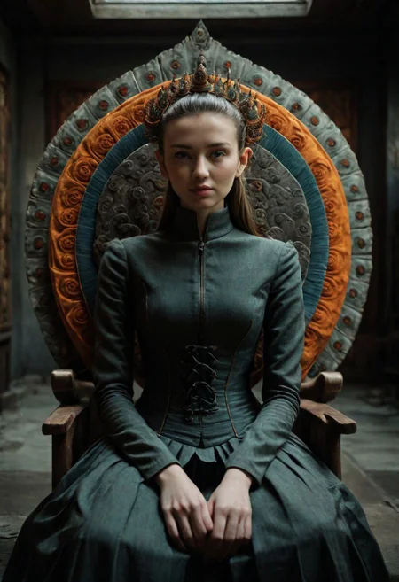 Portrait professional color grading, portrait_futurism, full shot cinematic film still by David Lynch of a pretty cute young irish short woman android sitting on a design chair in a dark brutalist living-room, buddhistic gesture, slim waist, round hips, split skirt, corset, hat, Avant-garde Fashion page, intricately detailed, depth of field, dim light, rim light, dramatic backlighting, Buddhist Thangka