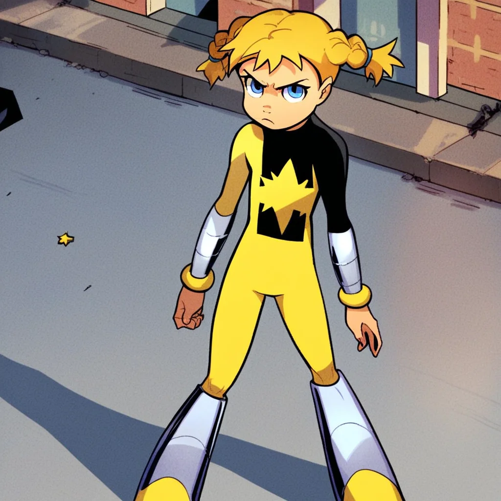 score_8, score_8_up, score_7_up, 1girl, solo, female focus, Katie_PP, blue eyes, blonde hair, twintails, short twintails, twin braids, flat chest, Power Pack uniform, asymmetrical clothes, star (symbol), eng_emb, print bodysuit, yellow bodysuit, black bodysuit, two-tone bodysuit, vambraces, metal vambraces, knee boots, metal boots, serious expression, standing, full body, outdoors, new york city background, street,