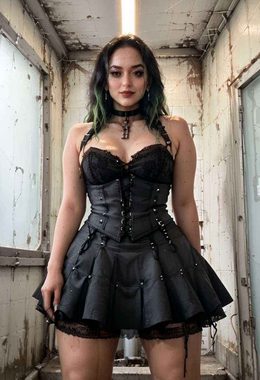 (score_9,score_8_up,score_7_up:1), 1girl, Hitchcock, horror, daylight, warm tones, smug, <lora:Selena:1>, (<lora:goth_clothes:1> skirt(side lace-up corset, black skirt)), soft body, black hair green highlights, hightail hairstyle, choker, eyeshadow)) (alabaster soft skin), pawg, wide hips, milf, <lora:butt:1>, Squatting, ship shower, (<lora:zavy-cntrst-sdxl:1> chiaroscuro, low-key, horror), <lora:gg3:1>, <lora:add-detail-xl:1>, <lora:ALTXL_pony_0061_8:1.5>,
