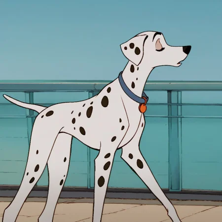 score_9, score_8_up, score_7_up, j_cartoon, Disney, BREAK, perdita, Dalmatian, closed eyes, outdoor, animalization, blue background, day, clear, black spots, 1 female, female focus, outdoor, transparent background, street, elegant walking, profile, side, blue collar, full shot