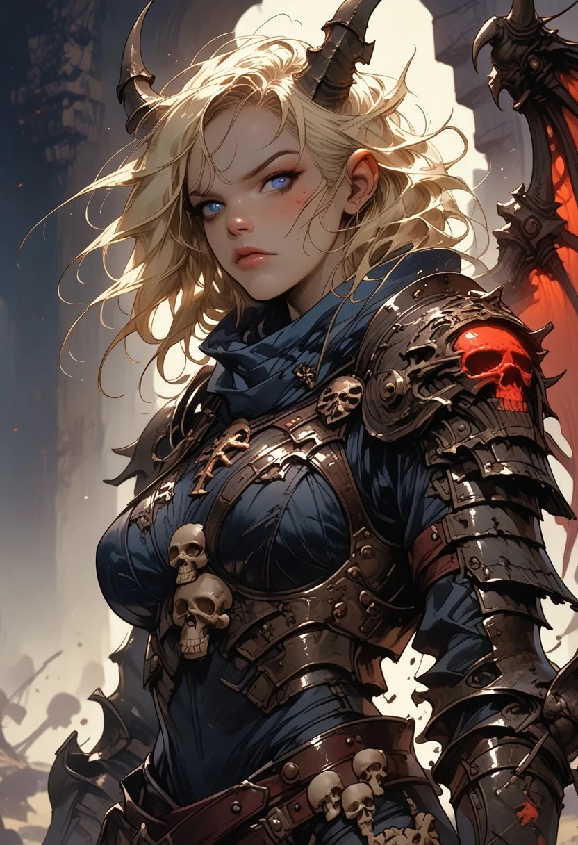 score_9, score_8_up, score_7_up, score_6_up, score_5_up, score_4_up, rating_explicit, source_western, Ellie Buckingham, ((Bright Blond hair)), Blond Hair, Blond Bright blue eyes. Very large breasts, torpedo breasts, humongous breasts Western Style Artwork. Bold Lines,
1girl, black goat horns, curled back goat horns, ,bone wings, old armor, rusty armor, dirty armor. ((black)) armor. demonic faces on armor, spikey armor, high detail armor, claws,, red glow from armor, internal glow, low fantasy, dark lighting, gauntlets, dusty skin, ashen skin, bone ridges, boney brow, bone spurs
1 girl, cowboy shot detailed background, battlefield, wasteland, thighs
glare, looking at viewer
arm0rs3nt1n3l
dark theme
sinozick style