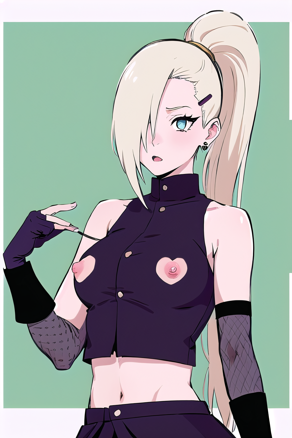 masterpiece, best quality, ultra-high-detailed, nipple cutout, 1girl,  nipples, clothing cutout, yamanaka ino, hair over one eye, ponytail, hairclip, crop top, sleeveless, skirt, fishnets, earrings, midriff