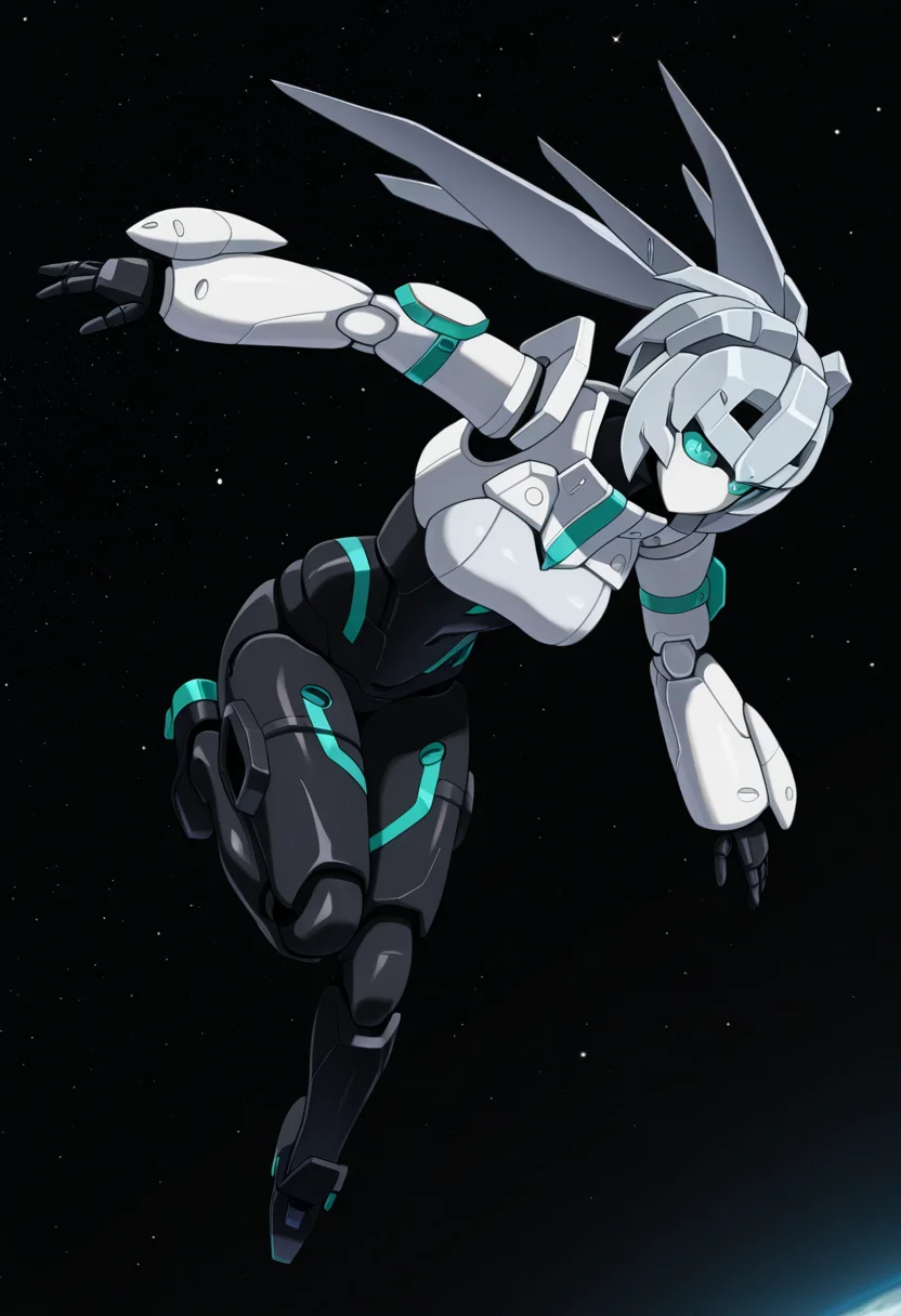 masterpiece,best quality,amazing quality,
1girl, solo,
gbdMDM,
mecha, robot girl, grey hair, aqua eyes, no mouth, breasts, robot joints,
space, flying, dynamic pose,