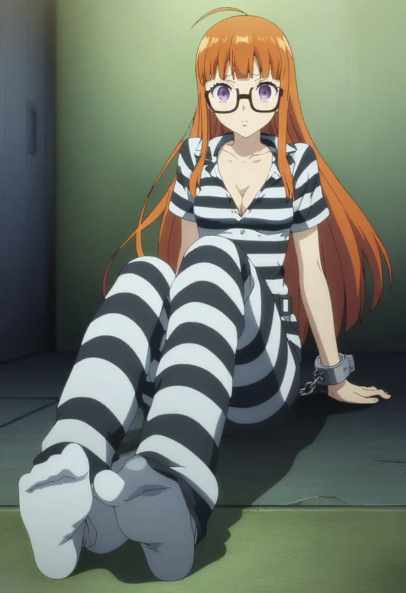 embedding:urn:air:sd1:embedding:civitai:222256@250708, dsfutaba, orange hair, long hair, blunt bangs, ahoge, purple eyes, glasses, cleavage, glasses, small boobs, very messy hair, bad hair day, Black_White_Striped_Jumpsuit, short sleeve top, full body picture,, soles, sitting, foot focus, white socks, looking at viewer, handcuffed, white socks, BREAK prison, night, a pair striped loafers on the floor, depth of field, cinematic, game cg, anime screencap, official art, masterpiece, best quality <lora:dsann_a3b:1>,<lora:more_details:0.5>, petite,