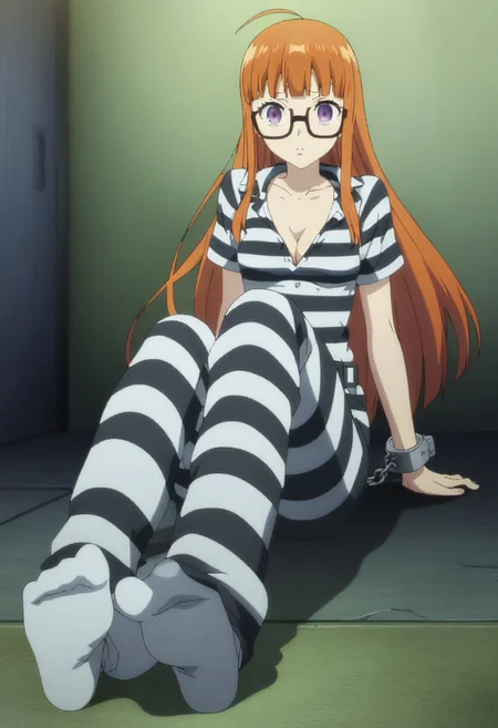 embedding:urn:air:sd1:embedding:civitai:222256@250708, dsfutaba, orange hair, long hair, blunt bangs, ahoge, purple eyes, glasses, cleavage, glasses, small boobs, very messy hair, bad hair day, Black_White_Striped_Jumpsuit, short sleeve top, full body picture,, soles, sitting, foot focus, white socks, looking at viewer, handcuffed, white socks, BREAK prison, night, a pair striped loafers on the floor, depth of field, cinematic, game cg, anime screencap, official art, masterpiece, best quality <lora:dsann_a3b:1>,<lora:more_details:0.5>, petite,