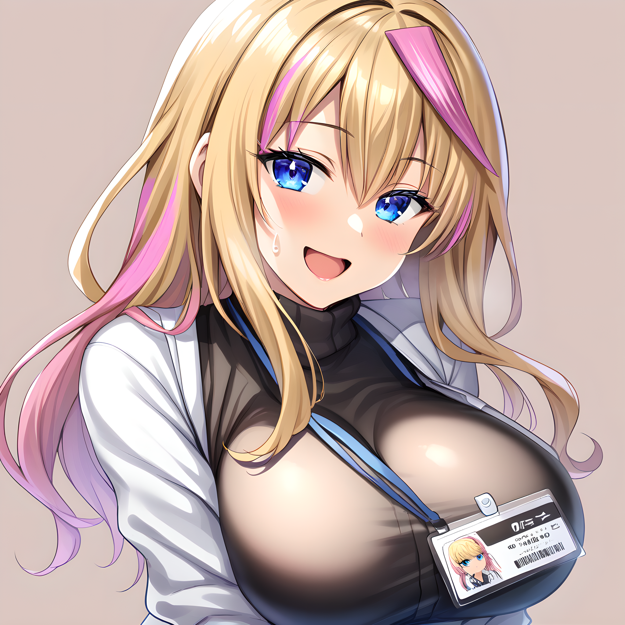 fuyuki(galyome), 1girl, blue eyes, blonde hair, streaked hair, pink hair, breasts, id card, large breasts, long hair, solo, looking at viewer, open mouth, off shoulder, smile, sweatdrop, turtleneck, sweater<lora:XL-Fuyuki(GalYome):1>