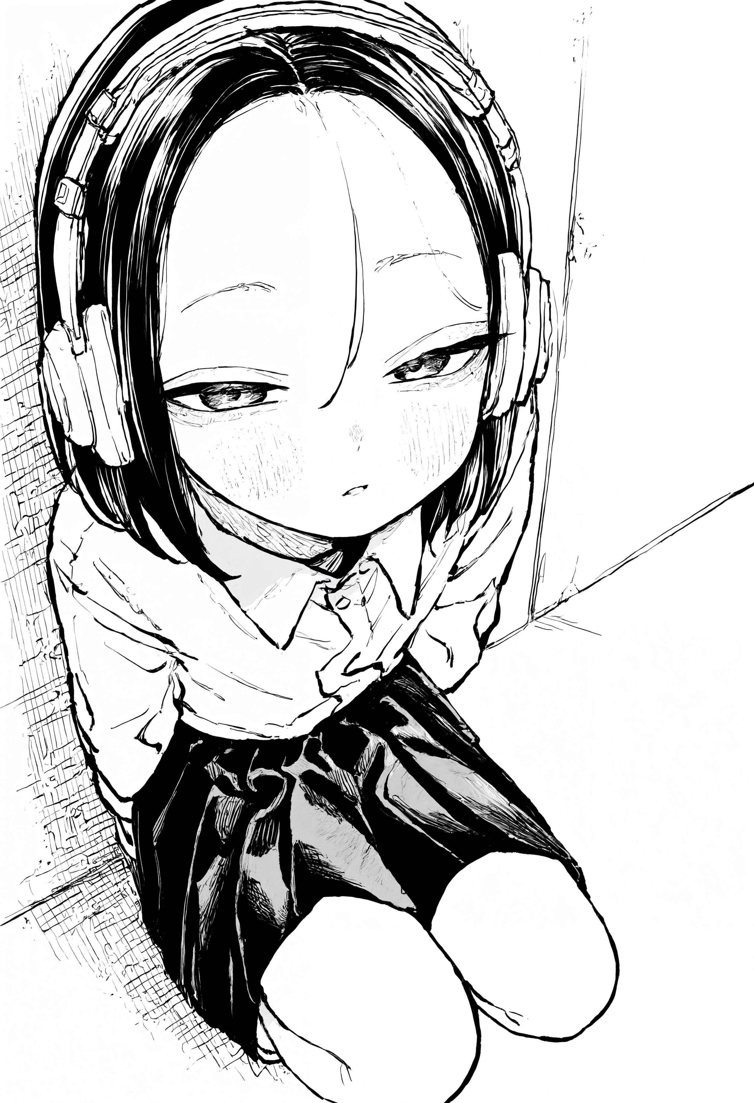 masterpiece, highres, absurdres, newest, very awa, monochrome, greyscale,  1girl, solo, medium hair, black hair, hair between eyes, forehead, school uniform, half-closed eyes,   squatting, leaning against wall, headphones, looking at viewer,    

<lora:spo_sdxl_10ep_4k-data_lora_webui>,  <lora:NOOB_EPSv1_1_detailer_by_vlnvk_v1_0>, <lora:noobai_ep11_stabilizer_v0.30_fp16>, <lora:ihsuta3:0.8>