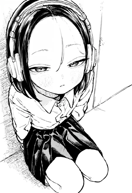 masterpiece, highres, absurdres, newest, very awa, monochrome, greyscale, 1girl, solo, medium hair, black hair, hair between eyes, forehead, school uniform, half-closed eyes, squatting, leaning against wall, headphones, looking at viewer,
<lora:spo_sdxl_10ep_4k-data_lora_webui>, <lora:NOOB_EPSv1_1_detailer_by_vlnvk_v1_0>, <lora:noobai_ep11_stabilizer_v0.30_fp16>, <lora:ihsuta3:0.8>