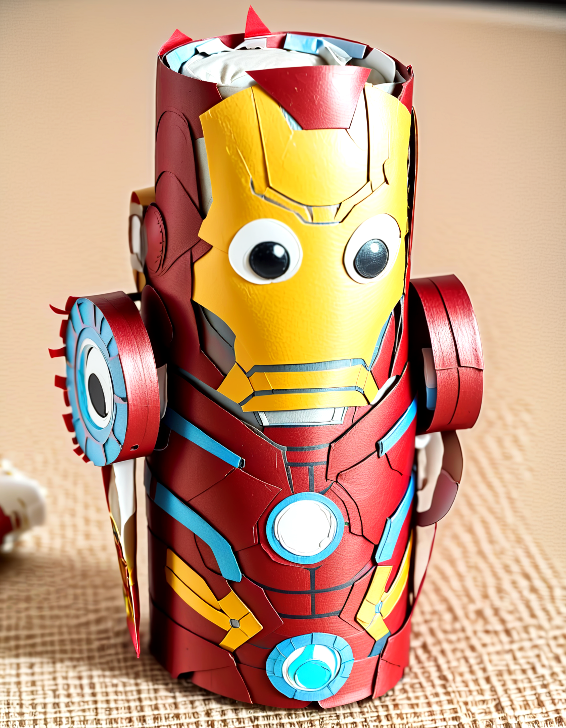 Macro Photography iron man made of toilete paper roll, tprc style, in a cinema, clorfull, masterpice, 8k,,, Macro Photography, often for close-up views, small subjects, or detailed examination.