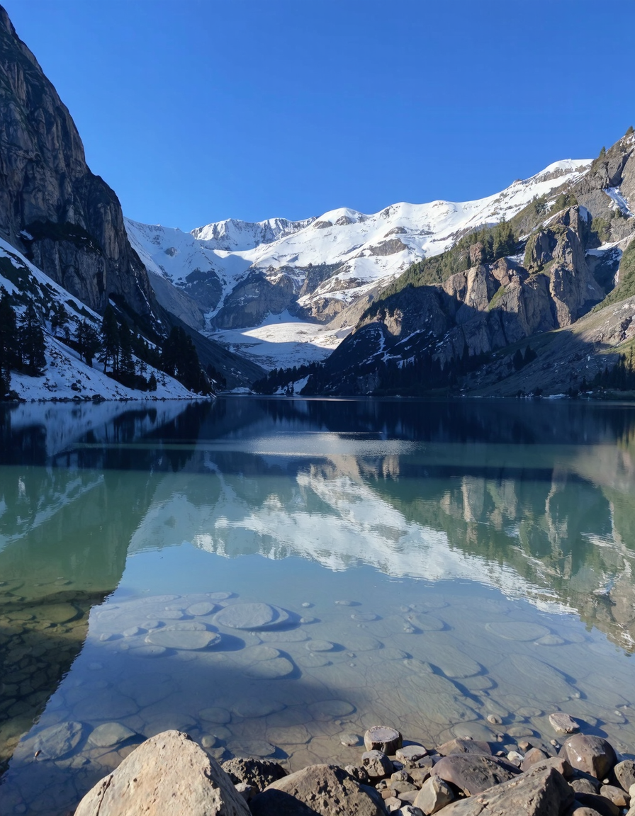 A serene alpine landscape with a crystal-clear lake surrounded by snow-capped mountains, and pine trees reflecting in the water.