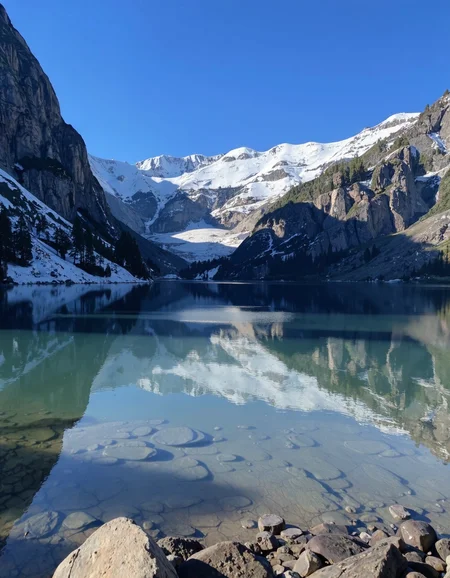 A serene alpine landscape with a crystal-clear lake surrounded by snow-capped mountains, and pine trees reflecting in the water.