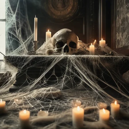 spiderweb  human skull and bones on the altar entwined with cobwebs, cinematic, photorealistic very detailed, professional photo <lora:spiderweb:1>