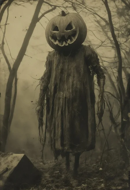 vicgoth, An aged photograph shows a tall haunting creature with elongated limbs, and has the head of a wickedly carved pumpkin, lurking in the dark wooded graveyard. Its ragged strange clothing and its gnarled jack-o-lantern create a sense of foreboding and menace to the image. The figure seems to be lurking amongst the bare trees in the fog, there is a dread and ancient horror lingering in the air, as if this image is meant to be the last thing that someone views while alive.