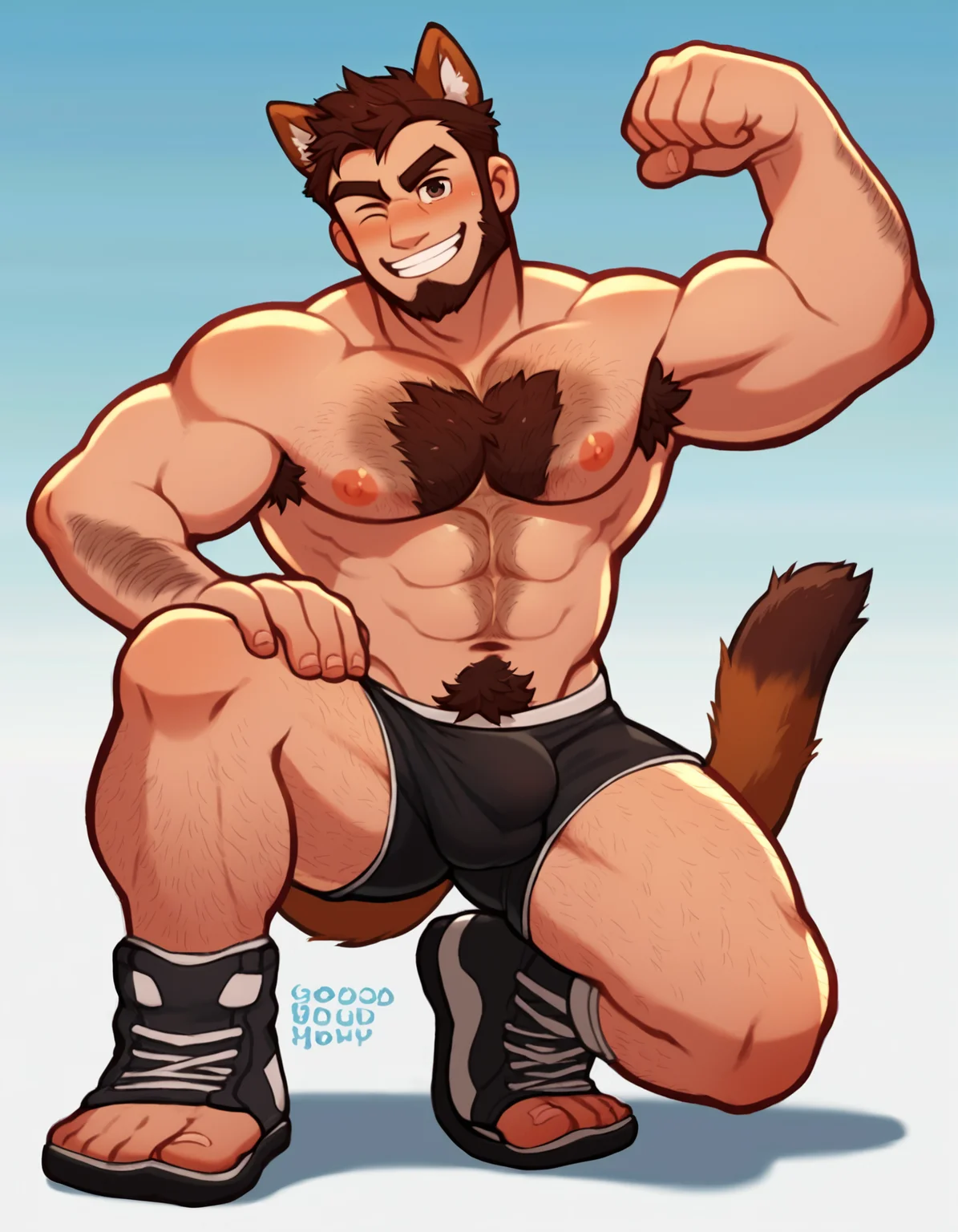 male focus, 1boy, solo, bara, muscular, pectorals, hairy, muscular male, leg hair, bulge, tail, short hair, facial hair, navel hair, full body, beard, topless male, arm hair, animal ears, chest hair, thighs, armpit hair, smile, flexing, one eye closed, thick eyebrows, navel, underwear, abs, nipples, large pectorals, mature male, blush, thick thighs, brown hair, armpits, score_9, score_8_up, score_7_up, score_6_up, score_5_up, score_4_up <lora:gooeycandysf01:1>
