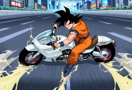 akira_slide, ground vehicle, motorcycle, on motorcycle, road, city, electricity, speed lines,son goku,