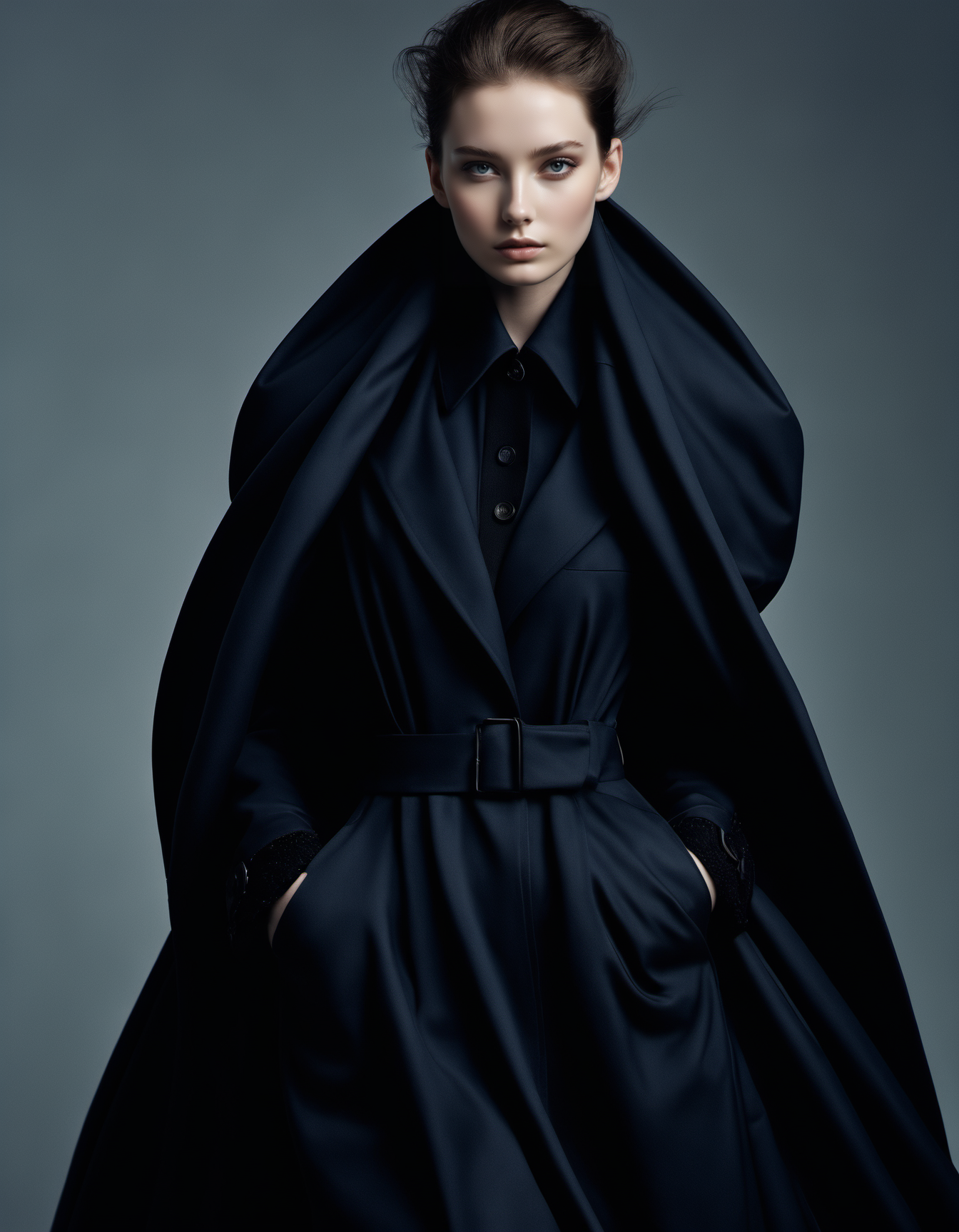 photo of a exquisitely beautiful pale skin punk 1girl, solo, 20 y.o, wearing a dark navy dress, outdoor, cloak, coat, hands in pockets, studio background, alluring eyes, dark eyes, skin pores, Thorough, highly detailed skin, intricately detailed, seductive makeup, BREAK
high-end camera, 135mm lens,high-key portrait photography, by Tim Walker,
(best quality, masterpiece, high quality, highres, realistic),
 <lora:Black Dress Balenciaga-Bruce Ta VN:0.8>
