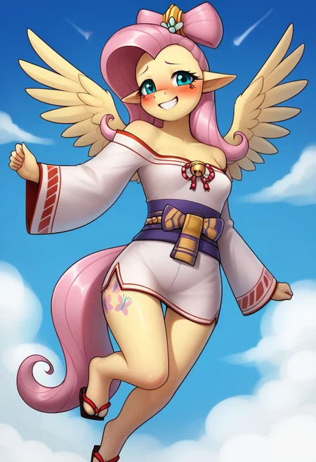 score_9, score_8_up, score_7_up, score_6_up, realistic illustration, dramatic angle, blue sky,
1girl, solo, Fluttershy (mlp), (anthro pony), 18 yo, tail, wings, petite body, shiny skin, small erky breasts, toes,
<lora:zs_AmanazokoXL:1> amanazokosmtv, hair ornament, pointy ears, kimono, wide sleeves, geta,
dynamic pose, flying,
shy, blush, blushing, embarrassed, looking at viewer, grin,