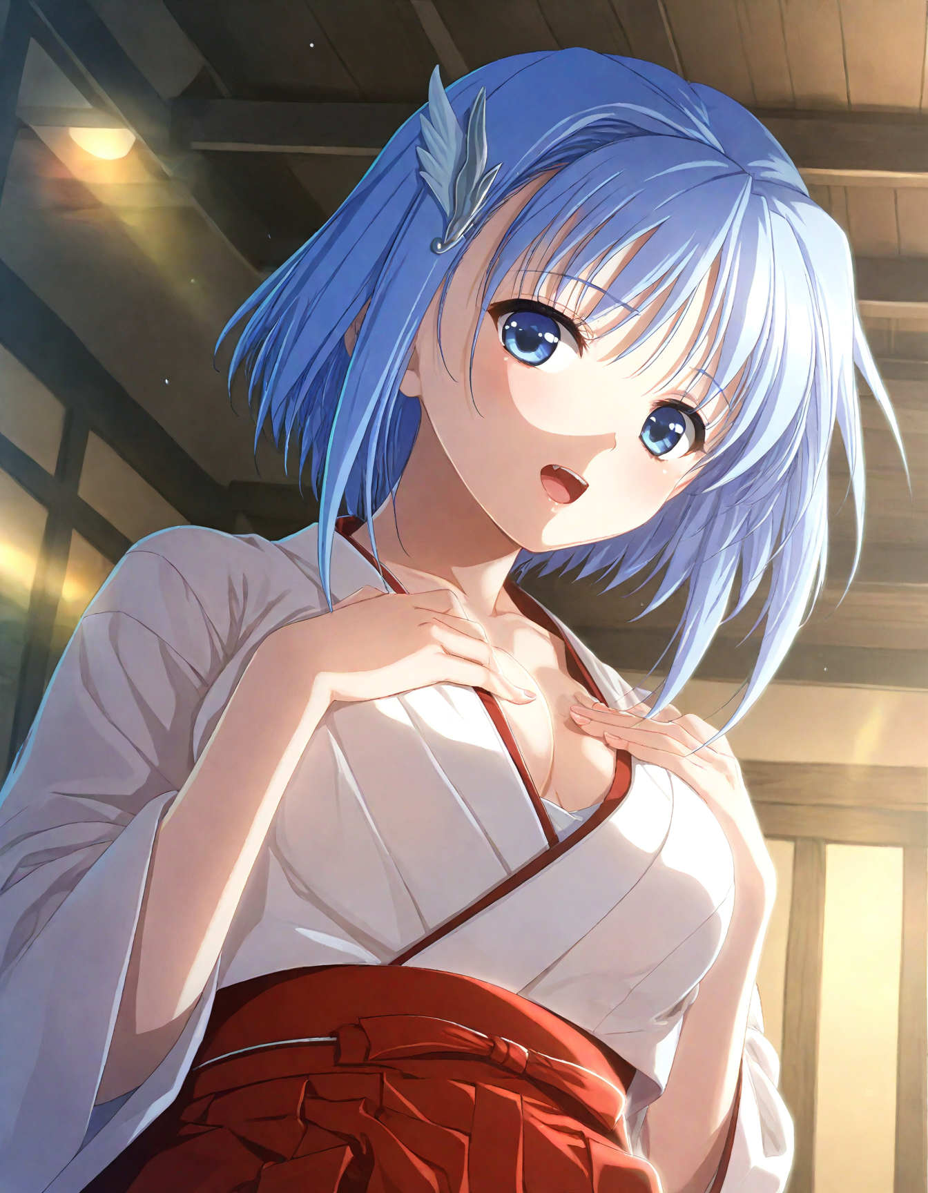 score_9, score_8_up, score_7_up, masterpiece, best quality, absurdres, official art, official style, (anime coloring, anime screencap, megami magazine, flat color:1.3), zPDXL2, zPDXLxxx,
<lora:Kajio Honoka (Denshanai de Now) Pony v1_epoch_10:1.0>, 1girl, solo, kajio_honoka, medium breasts, BREAK, blue eyes, blue hair, short hair, bangs, sidelocks, BREAK, hair ornament, BREAK, 
miko, japanese clothes, BREAK, red hakama, BREAK
(cute face, beautiful face, detailed face, perfect face:1.3), 
dim lighting, light particles, dramatic lighting, bokeh, volumetric lighting, double exposure, 
japan, japanese architecture, 
rating_safe, standing, indoors, (portrait|upper body:1.3), glasses, 
, hands on own chest, blurry, breasts, hakama, looking at viewer, depth of field, red theme, open mouth