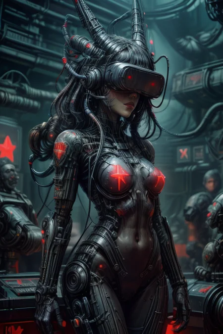 cyberpunk cityscape,biomechanical cyberpunk,SCI-FI,
cowboy shot,thigh gap,
femenine cyborg,helmet with antenna,mask,armor,robot joints,
(wires,cables,electricity,discharge,monitors:1.2),
high technical room background,
<lora:Concept_-_Hella-sthetic_v2:0.7>,
(USSR,red star \(symbol\):1.5),
<lora:H.R.GigerWorld:0.25>,gigerworld,art by hrgiger,
<lora:Concept_-_Giger-ish_Biomechanicals_v2:0.25>,hnsrdlf style,
<lora:Concept_-_More_Details_v1.0:1>,
intricate,elegant,highly detailed,symmetry,magical atmosphere,sharp focus,majestic,very coherent,radiant,advanced,cinematic,artistic,fine detail,winning,beautiful,stunning,dramatic light,designed,rich deep colors,perfect professional background,ambient,tailored set composition,
human-machine fusion,organic meets artificial,futuristic,technological,cybernetic enhancements,robotics,neon lights,dark,
<lora:Concept_-_PicXer_bSide:1>,<lora:vrLORA:0.7>, VR,VR Headset,Head-mounted display,vrlora,