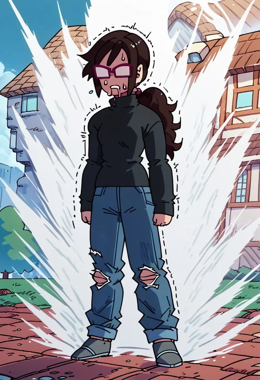 score_9, score_8_up, score_7_up, score_6_up, standing,
Kipowerup, small ki,glowing energy field, sharp jagged energy waves,energy radiating from skin, white aura
,1girl, Jenjenrose, GLASSES, NO PUPILS, OPAQUE GLASSES, Brown hair, ponytail,BLACK SWEATER, TURTLENECK,JEANS, GRAY SHOES,
sweatdrop, drooling, trembling, long sleeves, sweat, Simple art style, destroyed city, house down,