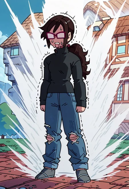 score_9, score_8_up, score_7_up, score_6_up, standing,
Kipowerup, small ki,glowing energy field, sharp jagged energy waves,energy radiating from skin, white aura
,1girl, Jenjenrose, GLASSES, NO PUPILS, OPAQUE GLASSES, Brown hair, ponytail,BLACK SWEATER, TURTLENECK,JEANS, GRAY SHOES,
sweatdrop, drooling, trembling, long sleeves, sweat, Simple art style, destroyed city, house down,