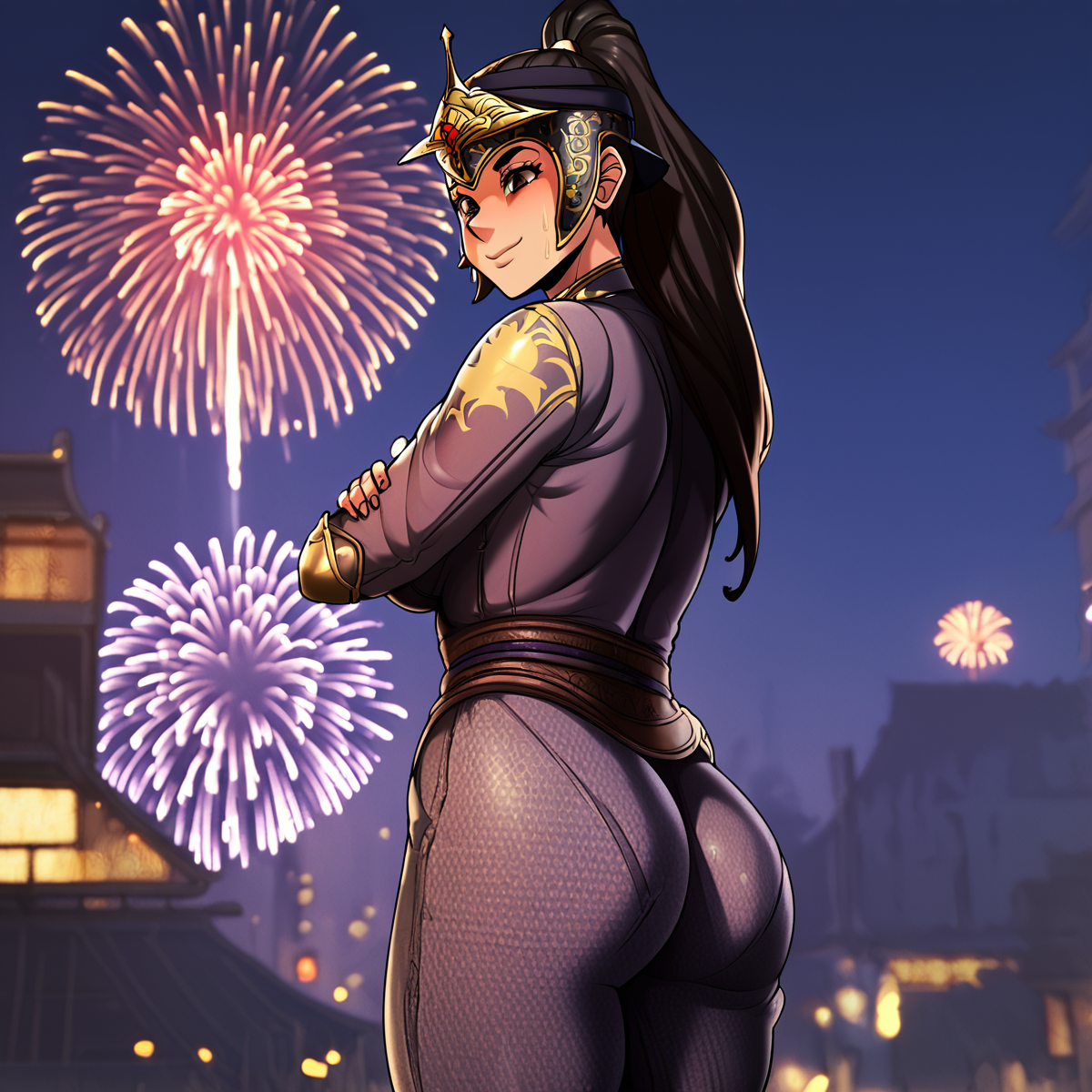 a cartoon picture of Li Mei in purrple armor ponytail, long hair,  Chinese city, a detailed drawing, superflat, <lora:Li_Mei_Order_Of_Darkness:1>, huge breasts, black hair, brown eyes, from behind, ass, sweat, standing, <lora:JMG style PonyXL:1>, score_9, score_8_up, score_7_up, 1girl, score_6_up, score_5_up, score_4_up, night, curvy, no pants, fireworks, arms crossed, closed mouth, slight smile, curvy