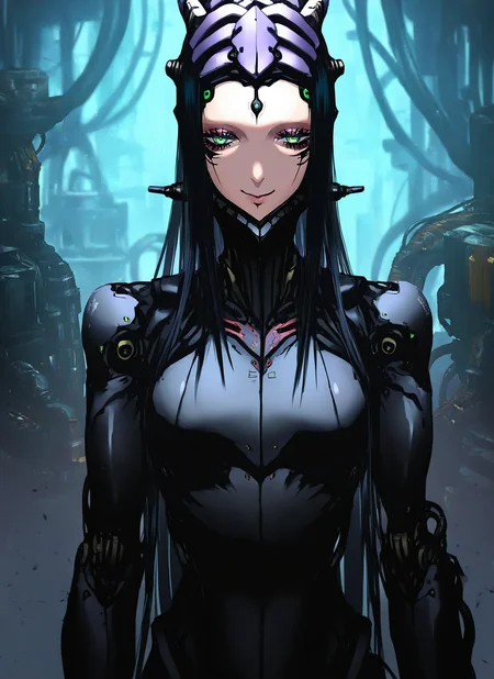 artist:, masterpiece, best quality, newest, very awa, absurdres, highres, tmnh, 1girl, pcell, mild smile, cyborg, black hair, green eyes, mechanical joints, looking at viewer, long black coat, leather coat, futuristic, factory, detailed, <lora:Tsutomu_Nihei_Blame_Style_Illustrious:1.0>