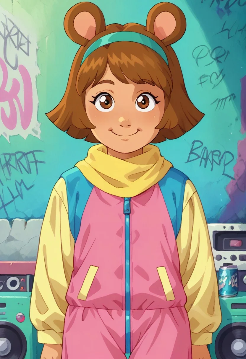 vaporwave style, score_9, score_8_up, score_7_up,  , d.w, <lora:D.W_Read_Arthur:1>, short hair, brown hair, animal ears, 1girl, ponytail, solo, short, dwarf, cub, petite, cute face, petite hips, cute smile, brown hair, pink dress, brown eyes, yellow scarf, solo,  hud_jggr, colorful jacket, zipper, hairband,  standing, curb, graffiti, boombox, sunglasses, spray can, retro, neon, nostalgic, cute, (adorable:1.3),