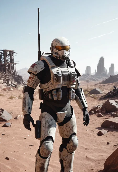 uined Cityscape: The warrior stands against a ruined city, skyscrapers in ruins, and the remains of battles. This shows the harsh conditions in which the soldiers survive.
Alien Wasteland: The warrior fights on an alien planet, with a desert landscape, rock formations, and two moons in the sky. This creates a feeling of unfamiliarity and danger.
Space Station: The warrior is inside a space station full of technology and weapons for the future. This emphasizes the high-tech nature of future warfare.
Warrior Details:
High Tech Armor: The warrior is clad in armor that is shiny, durable, and has light indicators. It may also have built-in weapons and communication devices.
Realistic Weapons: The warrior's weapons should look like possible developments of the future. These can be laser rifles, plasma weapons, or advanced firearms.
Facial Emotions: A warrior's face can be serious and determined, showing their dedication to the mission. There may also be signs of battle or fatigue, showing the human side beneath the armor.
Posture and Action: