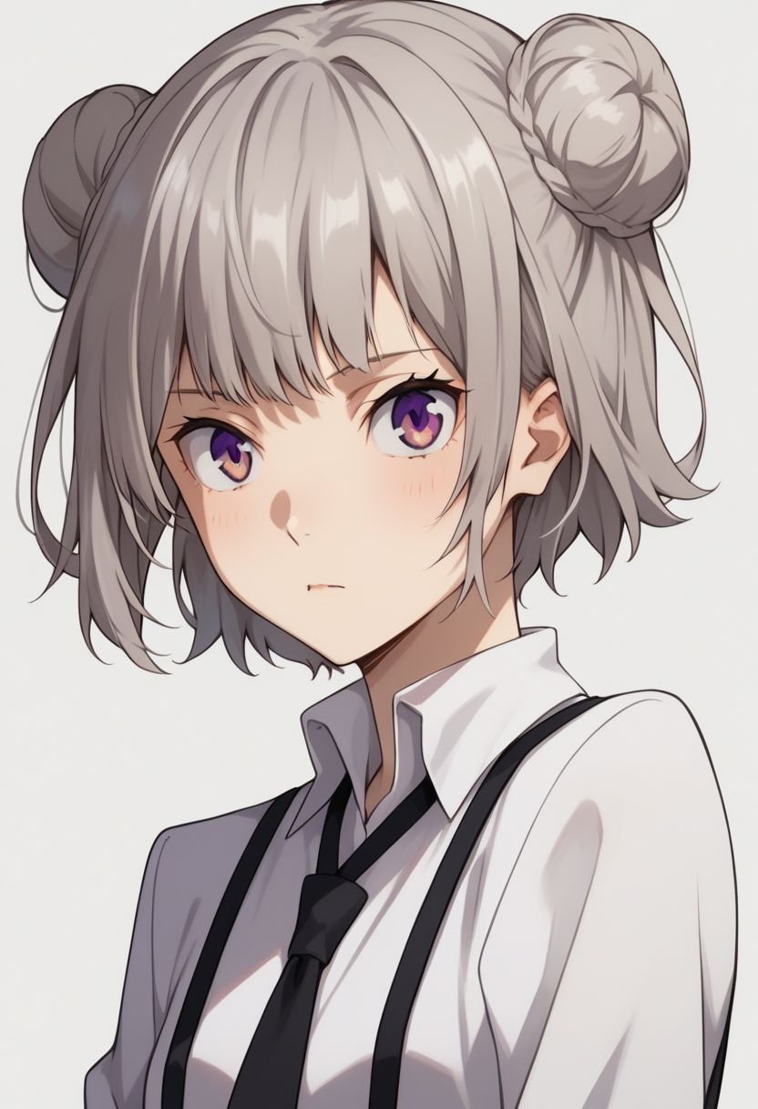 score_9, score_8_up, score_7_up, score_6_up, atsushi_nakajima, 1girl, solo, genderswap, female, koharu rikka, grey hair, purple eyes, short hair, double bun, white shirt, long sleeves, black necktie, suspenders, black pants, source_anime, best quality, masterpiece