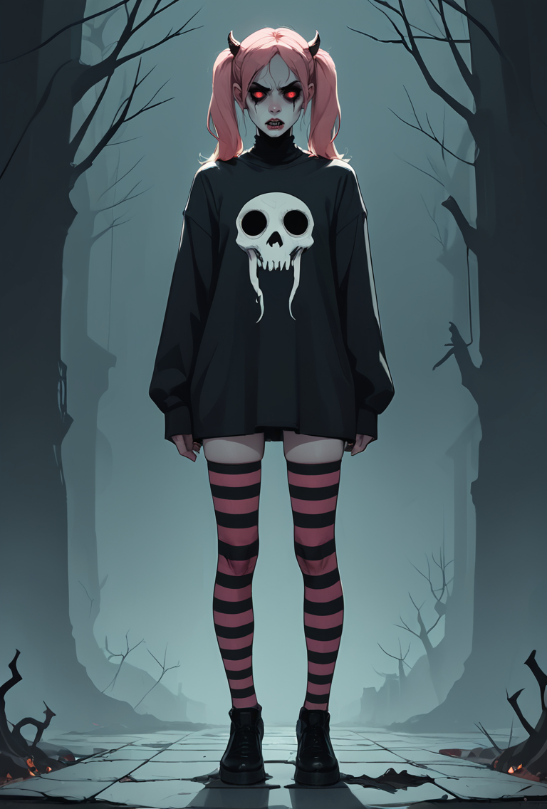horror-themed core_9, score_8_up, score_7_up,  1girl, pink hair, twintails, striped thighhighs, skindentation, . eerie, unsettling, dark, spooky, suspenseful, grim, highly detailed