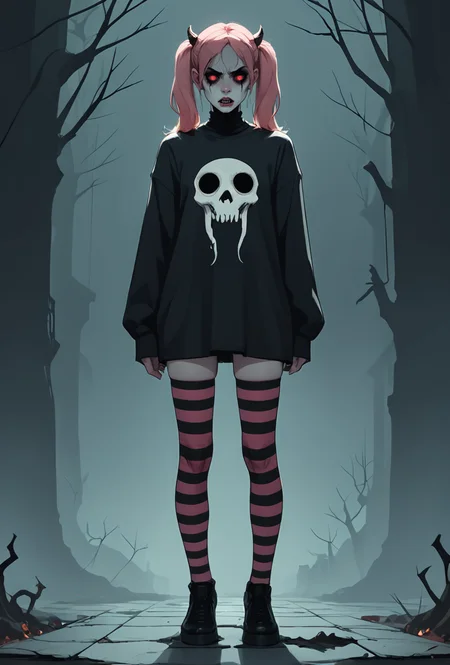 horror-themed core_9, score_8_up, score_7_up,  1girl, pink hair, twintails, striped thighhighs, skindentation, . eerie, unsettling, dark, spooky, suspenseful, grim, highly detailed