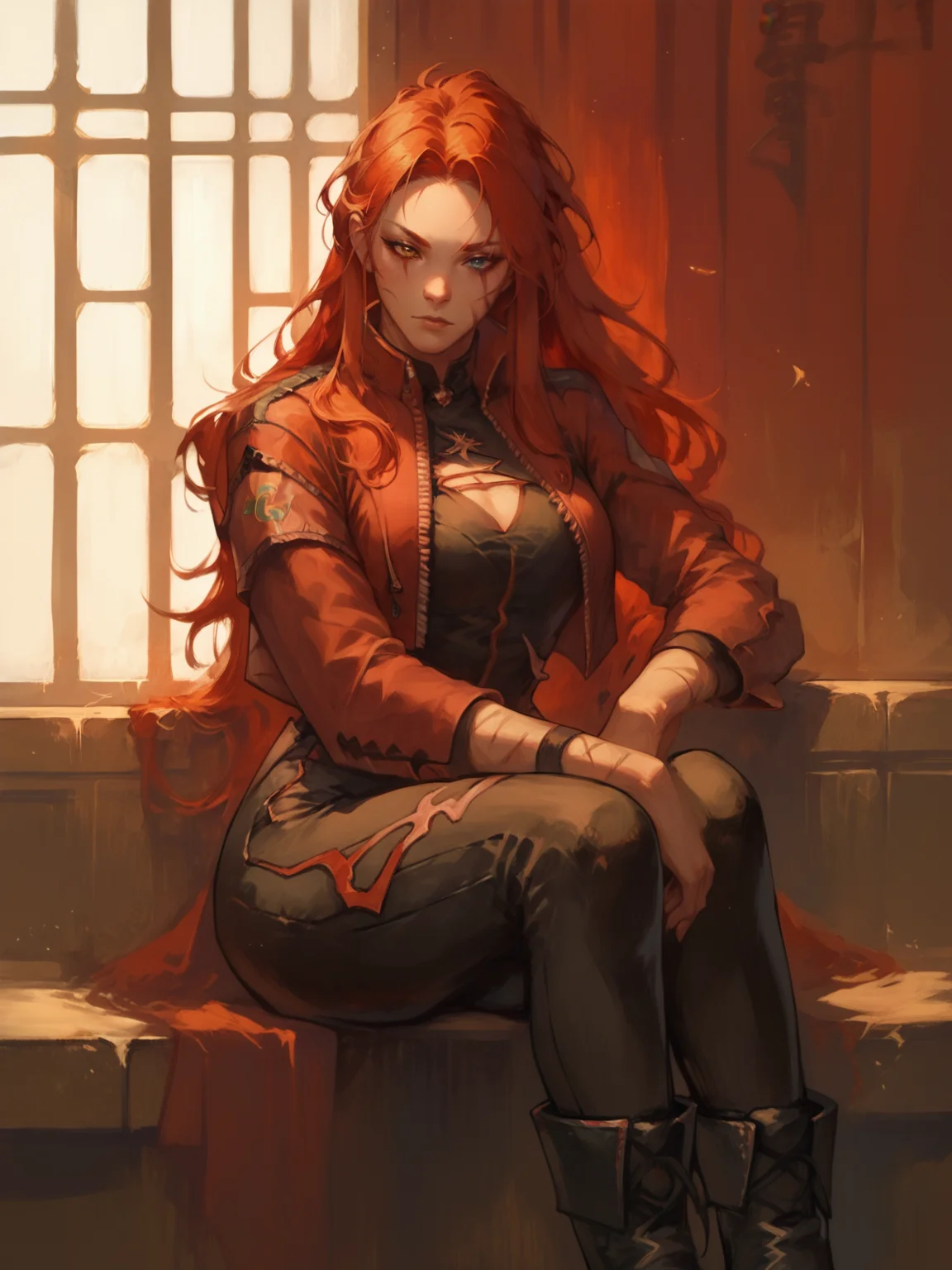 score_9, score_8_up, score_7_up, Gebura, 1woman, solo, red long hair, scars on face, heterochromia, black jumpsuit, shor red jacket, black boots, smooking in window, sitting, Sits on the windowsill, wodeipoi <lora:Gebura:1>  <lora:wodeipoi:1>