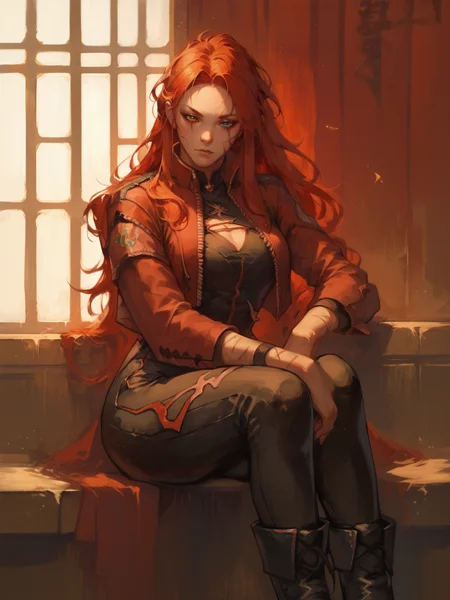 score_9, score_8_up, score_7_up, Gebura, 1woman, solo, red long hair, scars on face, heterochromia, black jumpsuit, shor red jacket, black boots, smooking in window, sitting, Sits on the windowsill, wodeipoi <lora:Gebura:1> <lora:wodeipoi:1>