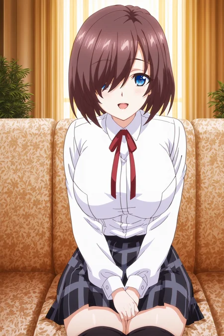 anime screencap, anime coloring, detailed face, masterpiece, best quality, very aesthetic, absurdres, volumetric lighting, official style, amazing quality, ultra detailed,  highres, amazing quality, scenery, beautiful detailed hair, beautiful detailed eyes, <lora:StS-Illustrious-Detail-Slider-v1.0:4>
 <lora:Touka_Tsudagawa_Fumika_Takayanagi_Kyouko_Sawai_and_Kyouko_Takayanagi_Mama_Katsu:1>
cowboy shot, looking at the viewer, smile
in a living room, sitting on a couh
Kyouko Takayanagi (character), 1girl, solo, black thighhighs, blue eyes, brown hair, checkered skirt, hair over one eye, short hair, zettai ryouiki, large breasts, looking at viewer, shirt, short hair, open mouth, ribbon,