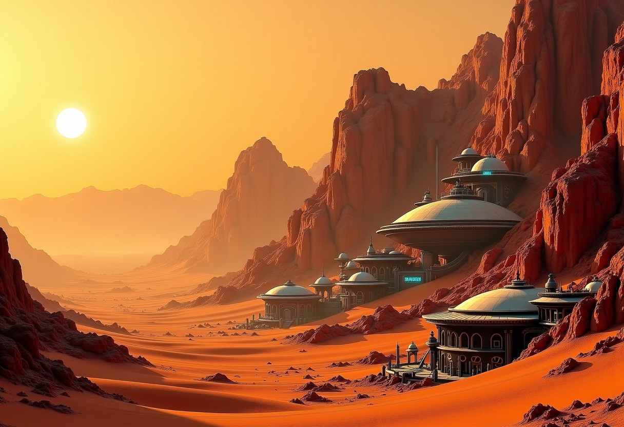 Subterra Oasis on Aridos-III, a harsh, extraterrestrial desert planet. Sky with dominant bleak, dusty orange color, gradually deepening into a burnt crimson towards the horizon; frequent, massive dust devils and sporadic, electrifying sandstorms are usual, making the surface inhospitable; sandy dunes stretch across the horizon, punctuated by rocky outcrops and deep, winding crevices; sheer, rust-red cliffs, carved by ancient rivers, now provide the only refuge from the merciless desert environment.
Underground city is nested within the deep crevices of the rocky ledges, protected from the unforgiving surface; futuristic buildings and structures adorned with vintage, neon-lit signage, metallic accents, and aerodynamic shapes; tunnels, domed habitats, and inverted, pyramid-like structures, all seamlessly integrated into the natural rock formations.
Warm, golden glow, soft, luminescent lighting emanates from the city, casting an inviting contrast to the harsh, orange desert ambiance.
Panoramic viewpoint from a rocky outcropping, overlooking the desert expanse, with the underground city's glow subtly visible through the crevices, as the dual suns of Aridos-III set behind the horizon, casting a dramatic, orange-pink hue across the desolate landscape.
Late afternoon, as the suns set, to emphasize the stark contrast between the harsh desert and the warm, inviting glow of the underground city.