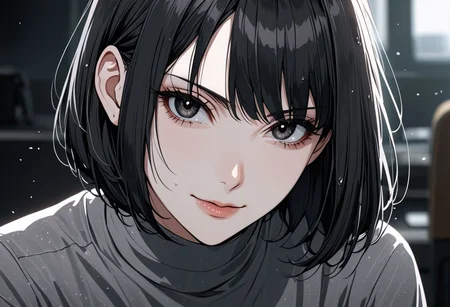 (anime, masterpiece, intricate:1.3), (best quality, hires textures, high detail:1.2), (4k),(incredibly detailed:1.4), perfect anatomy, graceful face, slim, big breasts, constricted waist, nice body, lips, arrogant look, villain, 1woman, evilish smile, high pointed nose, (nostrils:1.3), neatly 
UHD, 8K, ultra detailed, a cinematic photograph of HDR photo of Closeup photo of a beautiful natural 22-year-old woman, gray shirt soaked, pale skin,
black eyes, bob hair, black hair, evil look,