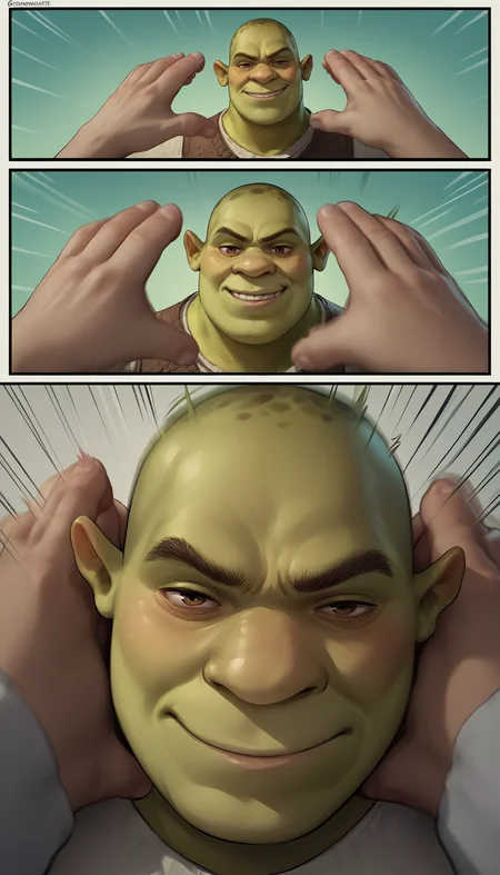 score_9, score_8_up, score_7_up, source_anime, incrssnootchallenge, comic, pov hands, motion lines, motion blur, <lora:SnootChallenge_XLPD:1>, 1boy, <lora:Shrek_XLPD:0.6> shrek, green skin, smirk,
