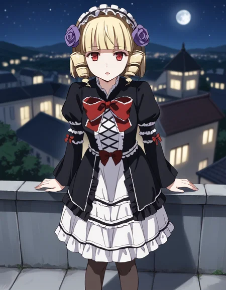 score_9, score_8_up, score_7_up, source_anime, BREAK
1girl, solo, looking at viewer, blurry background, night, outdoors, scenery, stars, moon, leaning forward, arms at back, expressionless, rooftop, open mouth, full body, standing,
kana tachibana, blonde hair, drill hair, short hair, blunt bangs, red eyes, mature female,
black gothic outfit, hairband, purple hair flower, black dress, red bowtie, puffy sleeves, long sleeves, frills, criss-cross straps, white skirt, pleated skirt, (short skirt:0.8), black pantyhose,
<lora:kana_tachibana_anime-soralz:1>