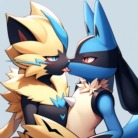 lucario, zeraora, furry, pokemon (creature), duo,score_9, score_8, score_7_up, score_6_up, from side, lucario, kiss, tongue out, upper body