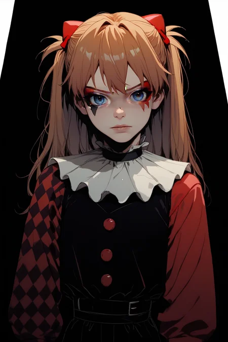 score_9, score_8_up, score_7_up,
<lora:Muff_PDXL-000000:1>, 1girl, split-color hair, half red half black color hair, two colors rhombic makeup, solo,
souryuu asuka langley, 1girl, neck ruff, ruffled collar, two colors argyle sleeve, red sleeve, black romper,
cowboy shot, adult girl, 21 y.o., teen, <lora:Sinozick_Style_XL_Pony:1> sinozick style, dark theme, flat color, black background,